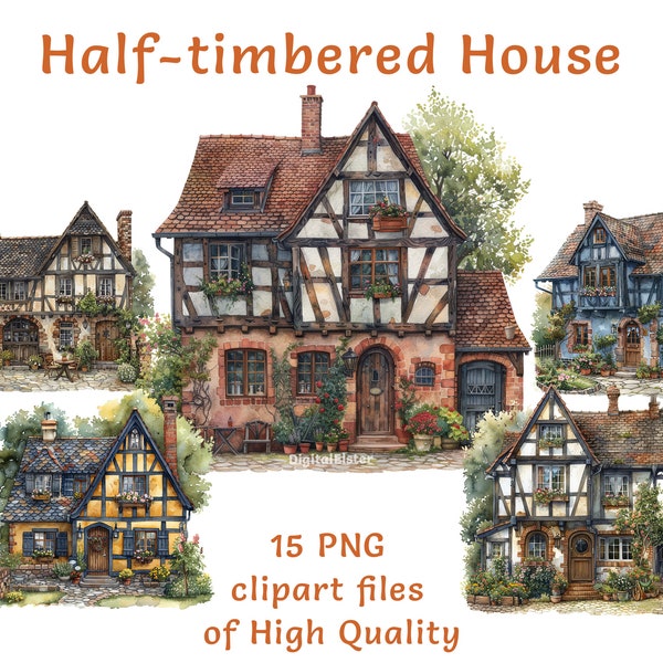Half-Timbered House Clipart: 15 Watercolor PNG Files for Creative Projects, Commercial Use Allowed - Capture Architectural Beauty of Europe