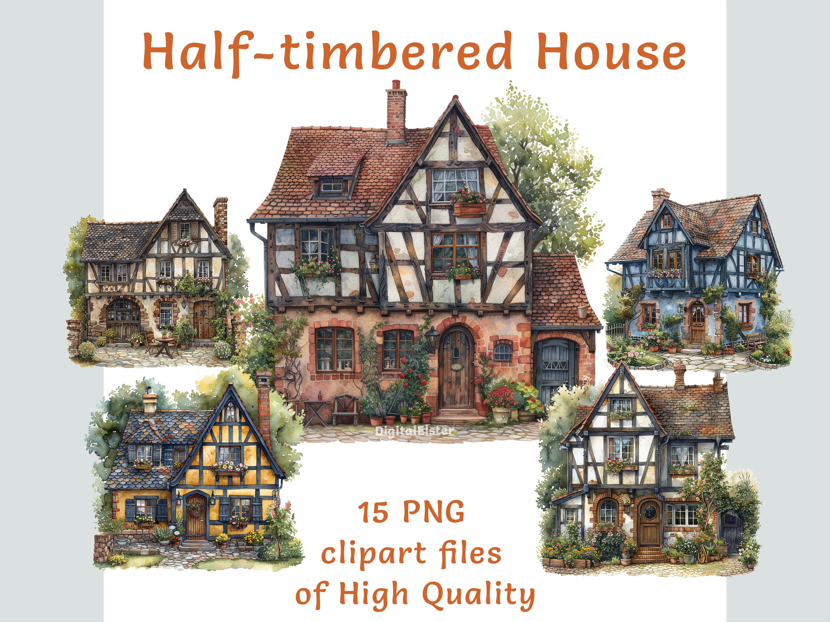 Half-timbered House Clipart | 15 PNG | Watercolor European Clipart,  Commercial Use Sublimation Print Traditional Architecture Digital Bundle -  Etsy, image size:2700x2025