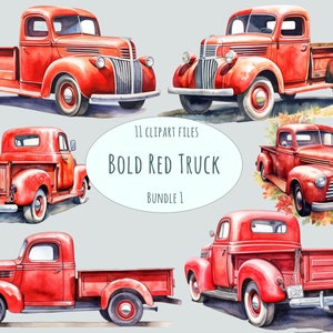 Ophalen clipart | Vrachtwagenclipart | Rode pick-up | 11 png-bestanden | Aquarel boerderijtruck | Commercieel gebruik afdrukbare klassieke Amerikaanse auto's
