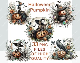 Halloween Orange Kürbis Clipart Bundle, 33 PNG Dateien mit transparentem Hintergrund für kommerzielle Nutzung, Sublimationsdruck, Gothic Hexe Thema