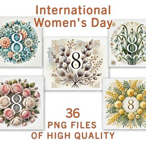 Clipart du 8 mars | 36 PNG | Journée internationale de la femme : oeuvres d'art, couronnes de fleurs, fleurs élégantes, décorations féminines et designs de cartes de voeux