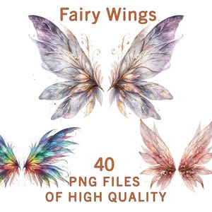Fairy clipart | 40 PNG | Watercolor wings clipart | Commercial use fantasy clipart | Sublimation print digital fairytale bundle