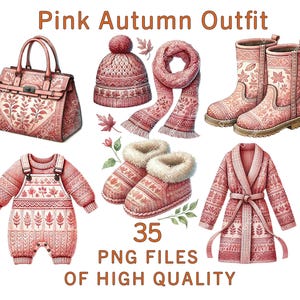 Clipart de ropa rosa / 35 archivos PNG / Paquete digital de atuendos rosas de acuarela / Pegatinas de otoño / Uso comercial / Prendas de punto acogedoras