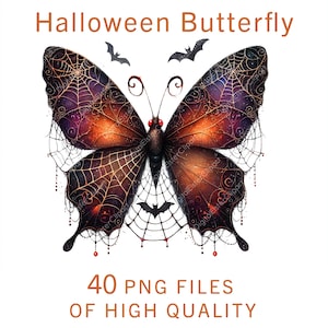 Imágenes prediseñadas de Halloween, pegatinas de mariposas con temática de Halloween, 40 archivos PNG de alta calidad para descarga instantánea, decoraciones personalizadas de uso comercial