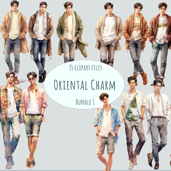 Asian Men in Watercolor Style Clipart - 15 Digital PNG, Commercial Use, Cultural Diversity Art, Instant Access, Modern K-Pop Oriental Charm