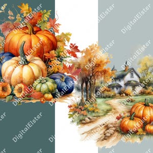 May include: Watercolor illustration featuring a collection of pumpkins in various colors, including orange, yellow, and blue, surrounded by autumn leaves. The image also depicts a house with a dirt road and pumpkins, evoking a fall harvest theme.