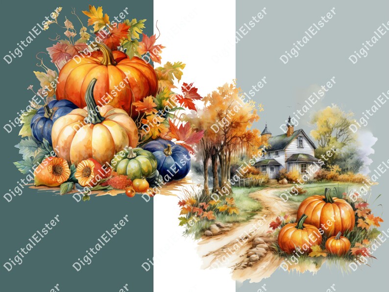 May include: Watercolor illustration featuring a collection of pumpkins in various colors, including orange, yellow, and blue, surrounded by autumn leaves. The image also depicts a house with a dirt road and pumpkins, evoking a fall harvest theme.
