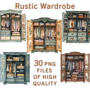 Wardrobe Clipart | 30 Antique Closet PNG | Decoração Cottagecore em aquarela | Adesivos para guarda-roupas | Decoração de casa de fazenda | Uso comercial
