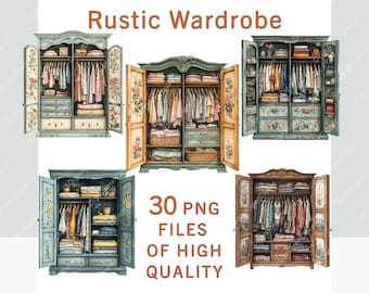 Wooden Wardrobe clipart bundle, Watercolor furniture clipart, Commercial use clothes pack, Sublimation print farmhouse transparent png art
