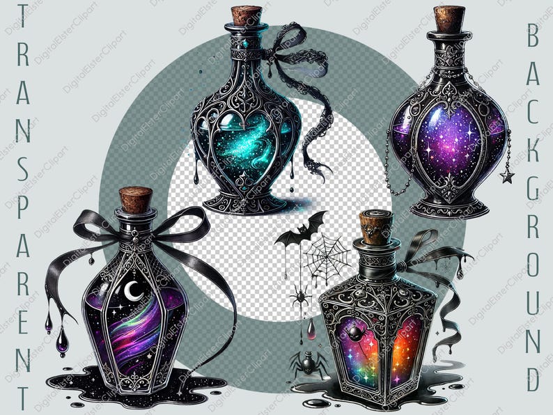 Op de afbeelding: Vier sierlijke zwarte flessen met zilveren accenten en een galaxy-achtige vloeistof erin. Elke fles heeft een ander ontwerp en een andere gekleurde galaxy. De flessen bevinden zich op een transparante achtergrond.