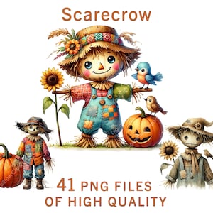 May include: A set of 41 digital images featuring cute cartoon scarecrows with pumpkins, sunflowers, and birds. The images are high quality and perfect for fall crafts, scrapbooking, and other creative projects.