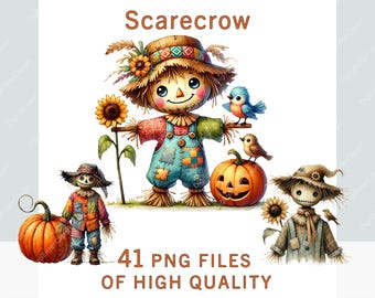 Watercolor Scarecrow Clipart, 41 Fall Harvest Pumpkin PNGs, Rustic Autumn Farmhouse Graphics, Halloween Decor Art, Commercial Use