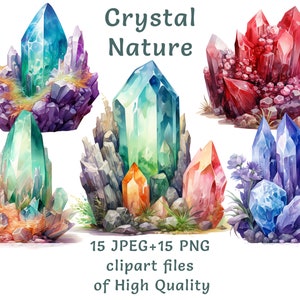Clipart de cristal / Clipart de cuarzo / 15 PNG y JPEG / Imprimibles de bienestar en acuarela / Decoración geológica para uso comercial / Impresión por sublimación
