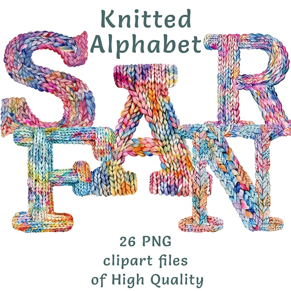 Knit Alphabet Clipart: 26 Watercolor Cozy Charming PNG Letters for Commercial Use, Perfect for Crafting & Memory Books, Instant Download