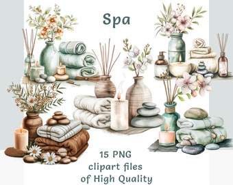 Spa Clipart bundle, Watercolor wellness stickers pack, Relaging towels candles commercial use sublimation print transparent PNG, Massage Art