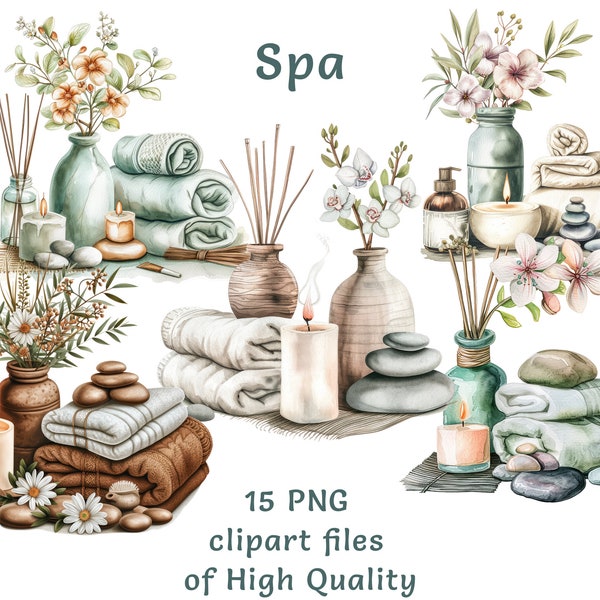 Spa Clipart - 15 Watercolor PNG, Essentials Relaxing Spa Towels Stones Candles for Commercial Use, Instant Download, Massage Stickers