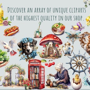 May include: Watercolor illustrations of various objects, including a hot dog, ice cream cone, dog with a flower crown, and a red telephone booth. The text reads "DISCOVER AN ARRAY OF UNIQUE CLIPARTS OF THE HIGHEST QUALITY IN OUR SHOP."
