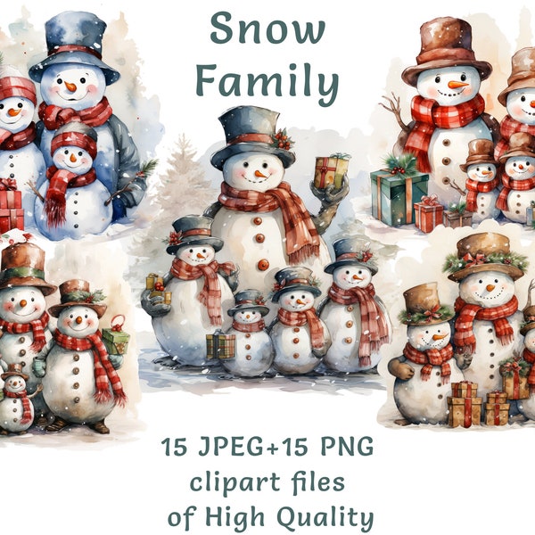 Watercolor Snowman Clipart, 15 high quality PNG and JPEG, Festive snowmen digital stickers printables, winter clip art, snowman family art