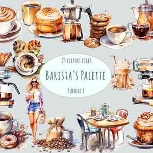 Puede incluir: Ilustraciones de acuarela de café y equipo para hacer café, que incluyen una cafetera, una prensa francesa, una taza de café, un capuchino, un latte, un muffin, una dona, una bolsa de granos de café y una mujer sosteniendo una taza de café. El texto "25 CLIPART FILES BARISTA'S PALETTE BUNDLE 1" también está incluido en la imagen.