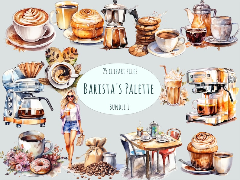 A collection of 25 coffee-themed clipart PNGs featuring barista elements, espresso machines, latte art, coffee beans, and iced coffee. High-quality digital download for sublimation and design projects.