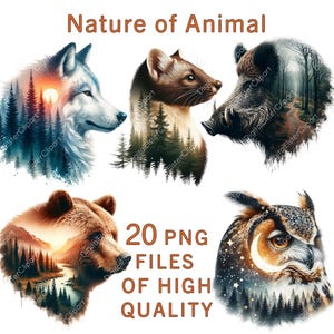 Imágenes prediseñadas de naturaleza / Imágenes prediseñadas de animales / 20 archivos PNG / Uso comercial / Imprimibles de siluetas de vida silvestre en acuarela / Paquete de arte de sublimación
