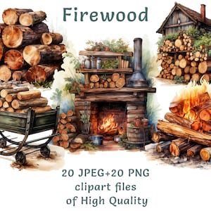 Clipart di legna da ardere ad acquerello, 20 PNG e JPEG di alta qualità, pila di tronchi, adesivi per caminetti, stampe per falò cottagecore per uso commerciale