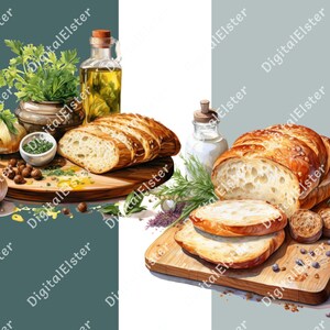 May include: Two wooden cutting boards with fresh baked bread, herbs, spices, and olive oil. The bread is sliced and ready to eat.