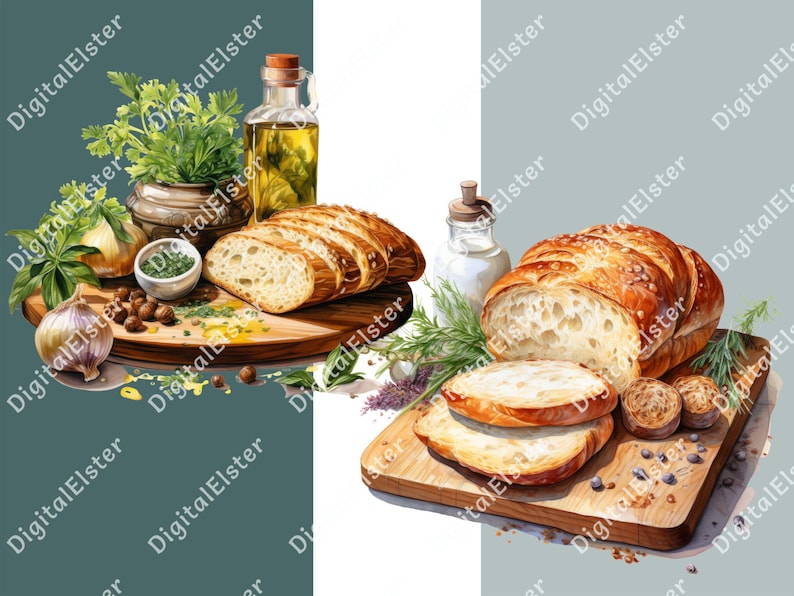 May include: Two wooden cutting boards with fresh baked bread, herbs, spices, and olive oil. The bread is sliced and ready to eat.
