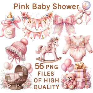 Babyparty Clipart | 55 PNG | Aquarell Mädchen Aufkleber | Kinderzimmer Dekor | Geburtstag Clipart | Rosa Printables | Kommerzielle Nutzung Gender Reveal