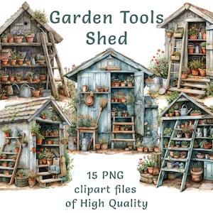 Gartenschuppen Clipart - 15 Aquarell PNG Dateien, Platz für Gartenwerkzeuge & Töpfe, digitale Kunst für kommerzielle Nutzung, Frühling Sofort Download