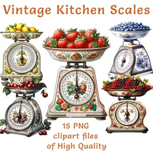 May include: Set of five vintage kitchen scales with floral designs. Each scale has a different fruit or berry on the top: lemons, strawberries, blueberries, cherries, and blackberries. The scales are white with gold accents and have a black base.