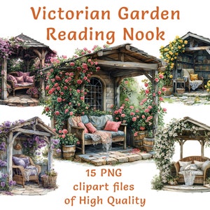 Tuinclipart | Clipart Reading Nook | 15 png-bestanden | Commercieel gebruik | Cottagecore-clipart | Victoriaanse stickers | Sublimatieprint