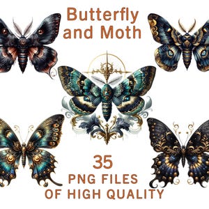 Papillon de nuit des cliparts | 35 illustrations d'insectes gothiques fantastiques | Art esthétique vintage de la nature sombre | Téléchargement numérique pour impressions et travaux manuels