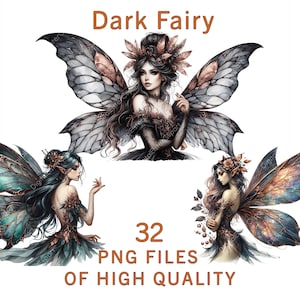 Fee Clipart | 32 PNG | Gothic Fantasy Feen, Schmetterling Flügel | Ätherische Magie für Sublimationsdrucke, Aufkleber | Halloween | Junk Journal