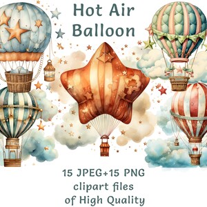 Aquarelle Montgolfière clipart, 15 PNG et JPEG de haute qualité, autocollants de voyage à usage commercial aérostat de vacances imprimables art de pépinière