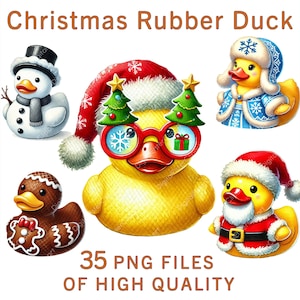 Clipart Noël canard en caoutchouc, aquarelle vacances design, 35 fichiers PNG, usage commercial, autocollants numériques festifs et amusants mignons canards jaunes