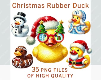 Clipart Noël canard en caoutchouc, aquarelle vacances design, 35 fichiers PNG, usage commercial, autocollants numériques festifs et amusants mignons canards jaunes