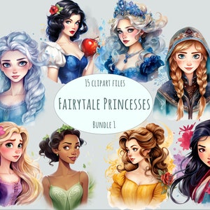 Clipart princesse de conte de fées, 15 PNG aquarelles, illustrations de dessins animés, illustration de personnages enchantés, arrière-plan transparent pour usage commercial