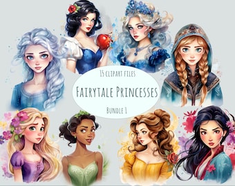 Fairytale Princess Clipart, 15 Watercolor PNGs, Cartoon Illustrations, Enchanted Character Art, Transparent Background for Commercial Use