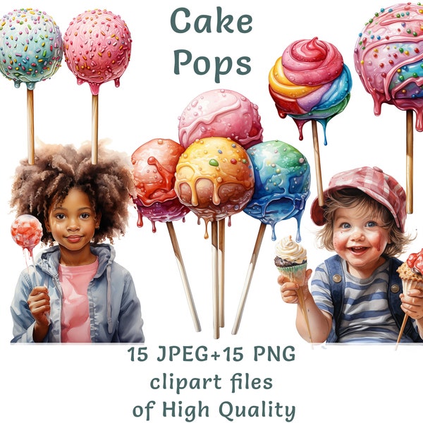 Cakepop and Sweets Nursery Clipart, 15 Watercolor Delicious Dessert PNG & JPEG, Cakepop Graphics, Sweet Treats Illustrations, Commercial Use