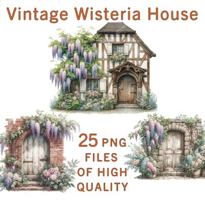 Imágenes prediseñadas de casa en acuarela / 25 archivos PNG / Imágenes prediseñadas de glicina / Wisteria Lane / Imágenes prediseñadas florales / Decoración de primavera / Pegatinas rurales / Uso comercial