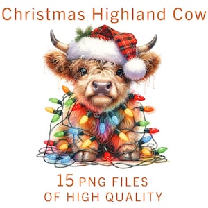 Highland Cow Clipart, Naklejki świąteczne, 15 plików PNG akwarelowych, Wykorzystanie komercyjne, Pakiet Xmas Clip Art, Etykiety do samodzielnego wydruku