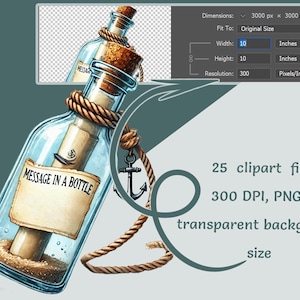 Mensaje en una botella Clipart / 25 pergaminos náuticos, botellas piratas y arte oceánico vintage / PNG para sublimación, calcomanías, cumpleaños, manualidades