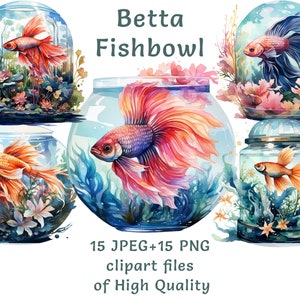 ベタの金魚鉢のクリップアート | ガラスのボウルに入った 15 匹の PNG および JPEG 水彩闘魚 | 水族館をテーマにしたデジタル アート、昇華、プリント、ショップ