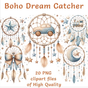 Clipart aquarela Boho Dreamcatcher - 20 arquivos PNG, perfeito para projetos de berçário, espirituais e de artesanato Boho, uso comercial disponível