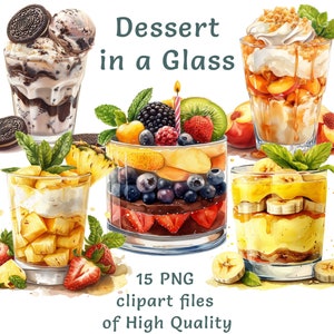 Postre elegante en imágenes prediseñadas de vidrio - 15 PNG de acuarela con frutas y dulces gourmet para uso comercial, perfecto para menú, diseño de eventos gastronómicos