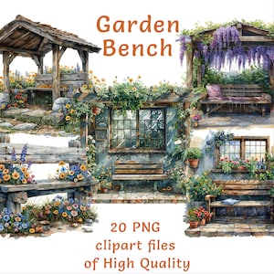 Bench clipart | 20 PNG | Watercolor garden clipart | Commercial use sublimation print gardening lovers digital clipart bundle | Weekend Art