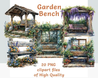 May include: A set of 20 high-quality PNG clipart files featuring various garden benches. The images depict wooden benches with floral accents, including a bench under a pergola with wisteria flowers, a bench in front of a window with flowers, and a bench with a stone path.