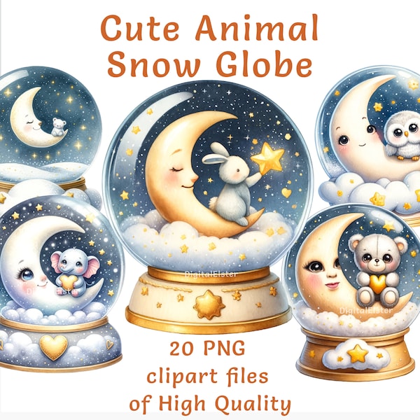 Moon and Animals Snow Globe Clipart - 20 High-Quality Watercolor PNG, Commercial Use, Ideal for Nursery Decor, Children Room Wall Art