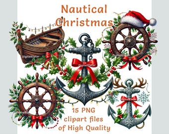 Nautical Christmas Clipart PNG, Festive Sea Holiday Graphics, Watercolor Coastal Winter Art, Ocean Xmas Decor, Commercial Use Download